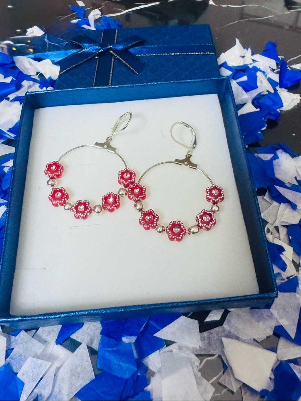Silver Hoop Earrings with Red Floral Beads - Women Jewelry